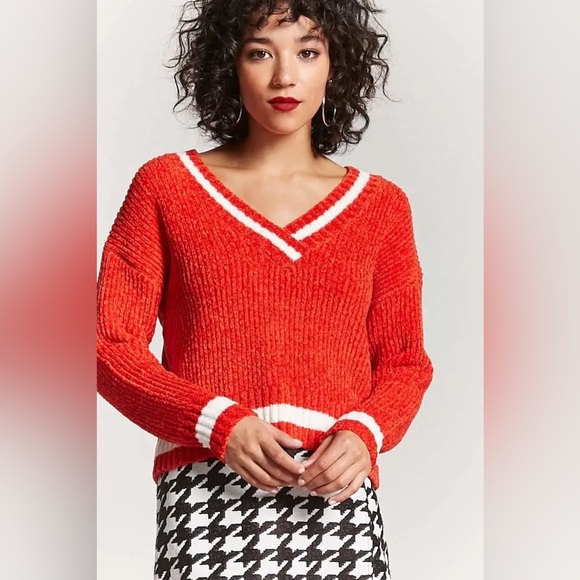 Forever 21 Orange White Chenille Vneck Varsity Stripe Trim CropSweater M Medium - Picture 1 of 9